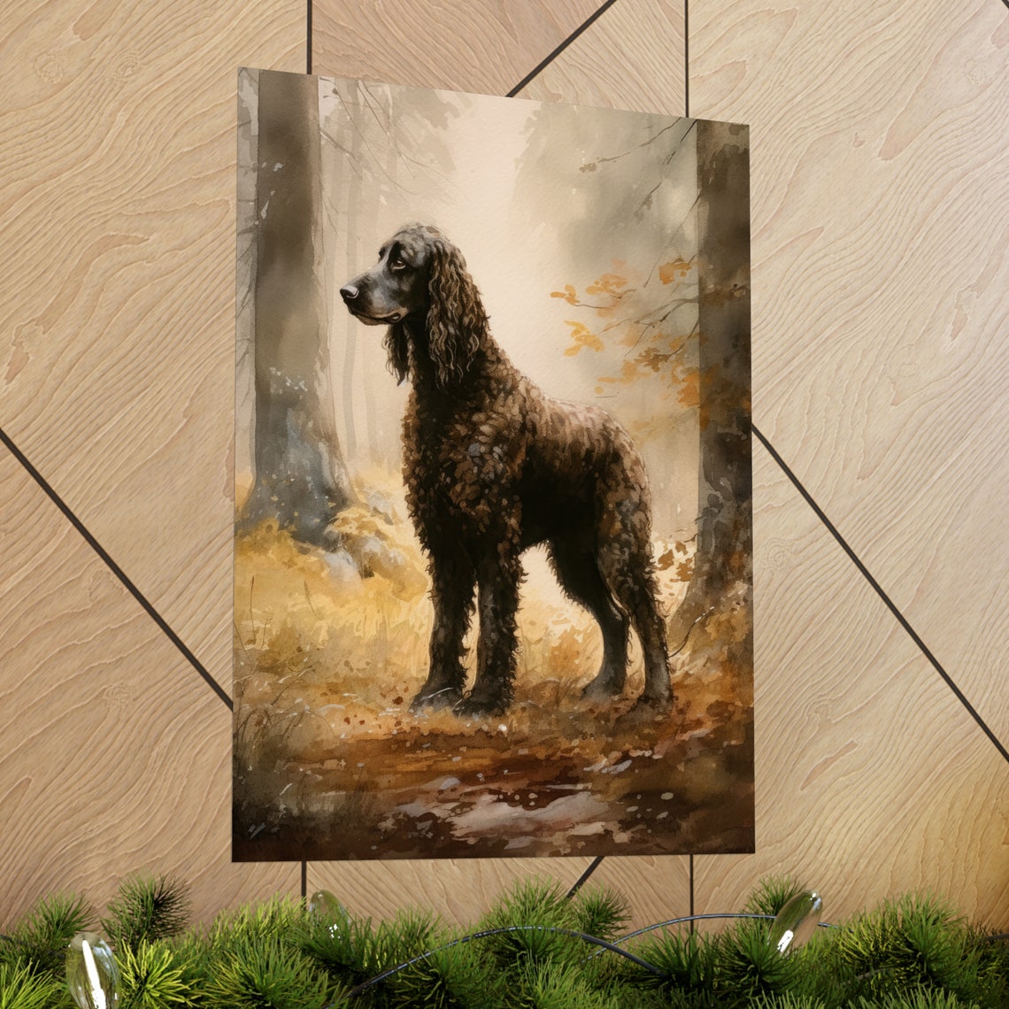 Irish Water Spaniel Dark Curly Coat Autumn Woods Watercolor Poster - Image 2