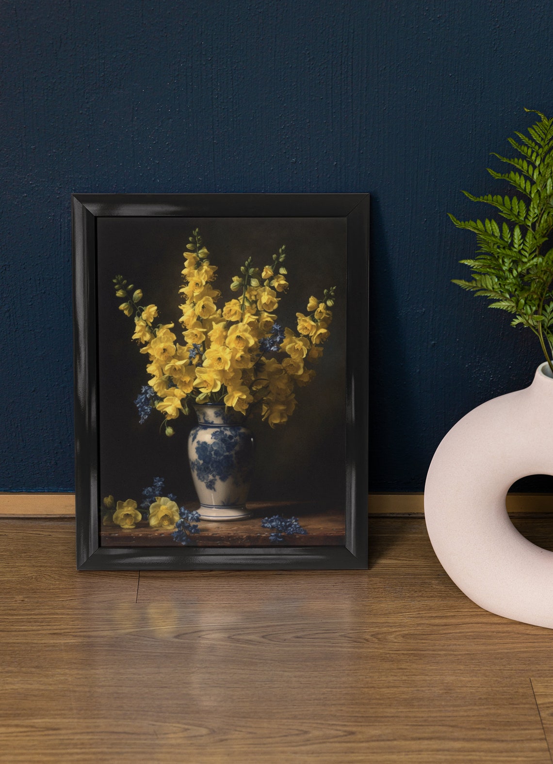 Yellow Delphinium Bouquet Blue Porcelain Vase Dark Still Life Poster