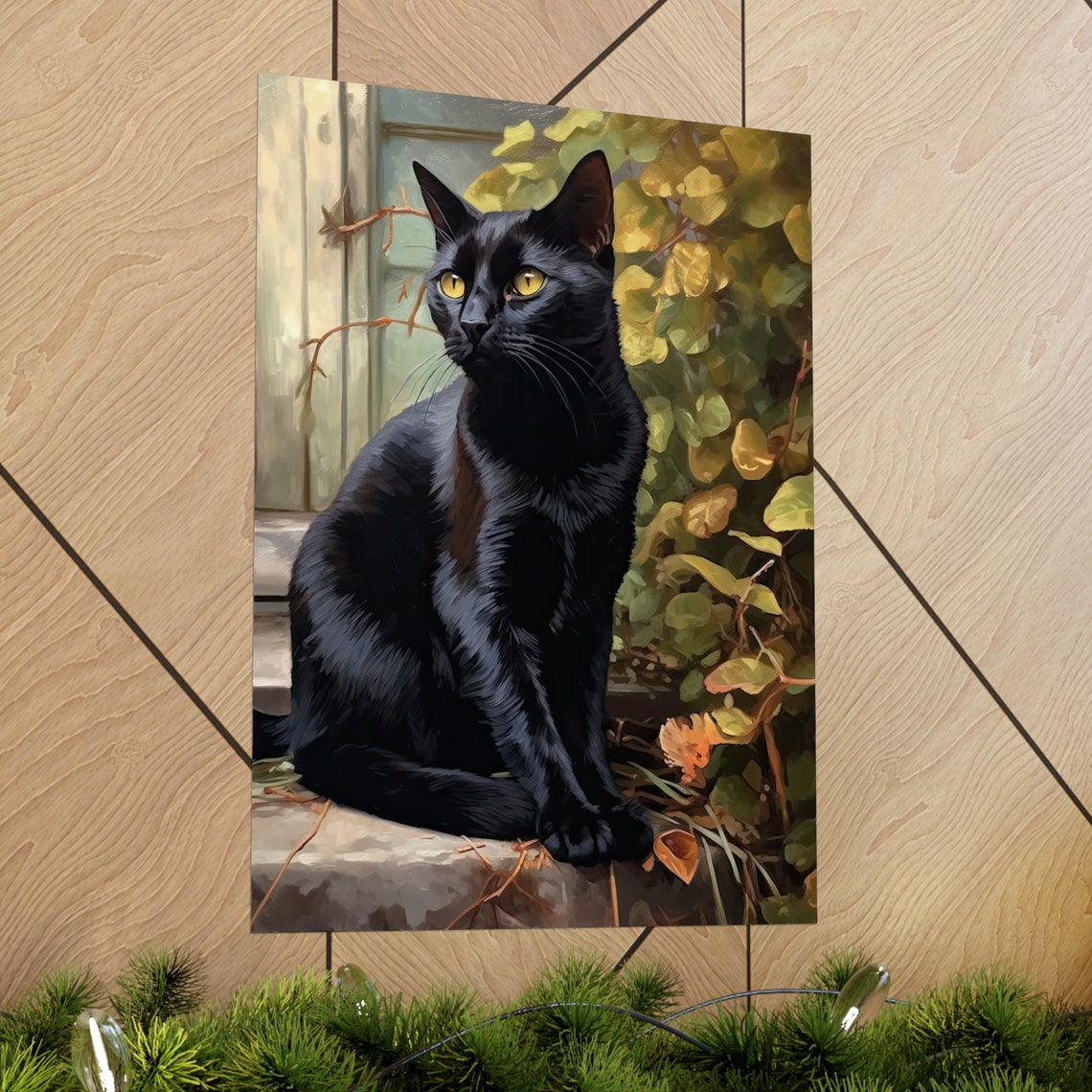Bombay Black Cat Golden Eyes Leafy Garden Portrait Art Poster - Image 2