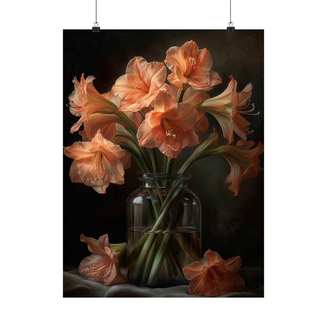 Apricot Amaryllis Blooms Glass Vase Dark Floral Still Life Art Print - Image 5