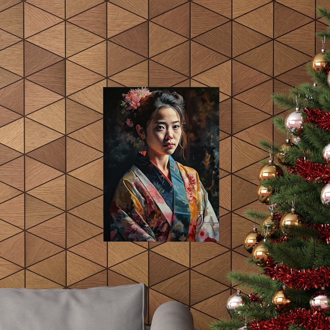 Japanese Woman Colorful Floral Kimono Flower Hairpiece Portrait Poster - Image 3