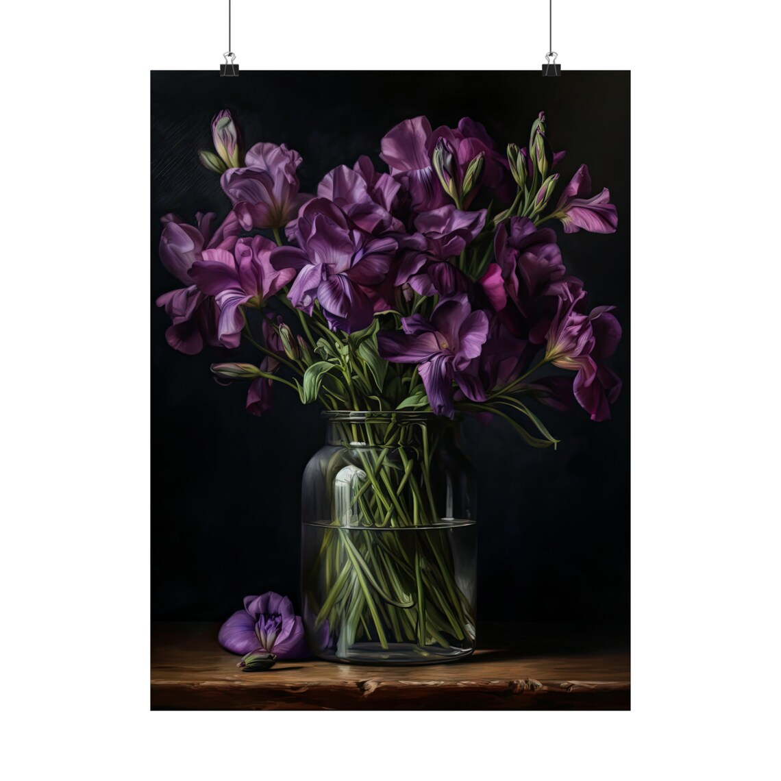 Purple Freesia Bouquet Dark Moody Still Life Glass Vase Art Print - Image 5