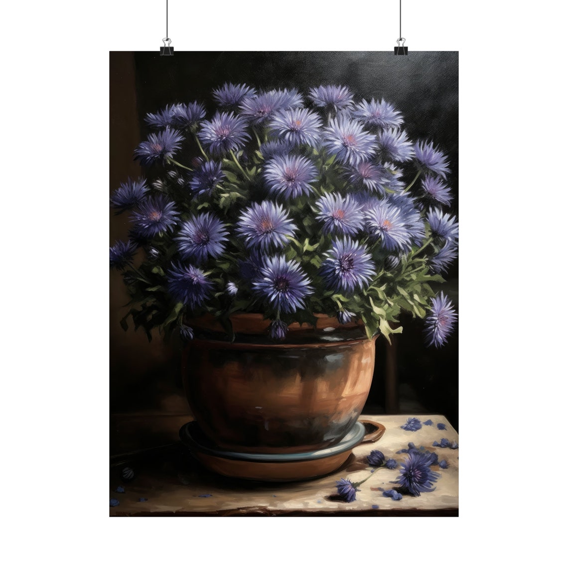 Blue Aster Blooms Bronze Pot Dark Moody Floral Still Life Poster - Image 5