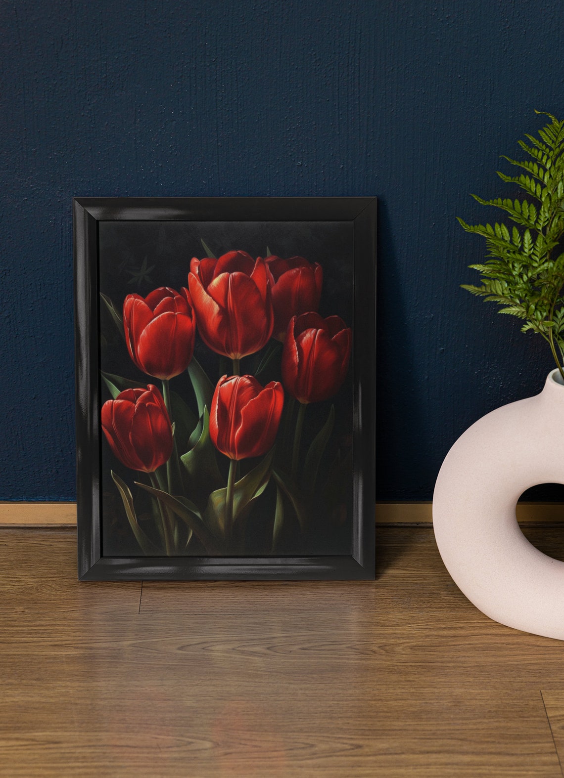 Five Red Tulips Dark Moody Oil Painting Dramatic Floral Wall Art