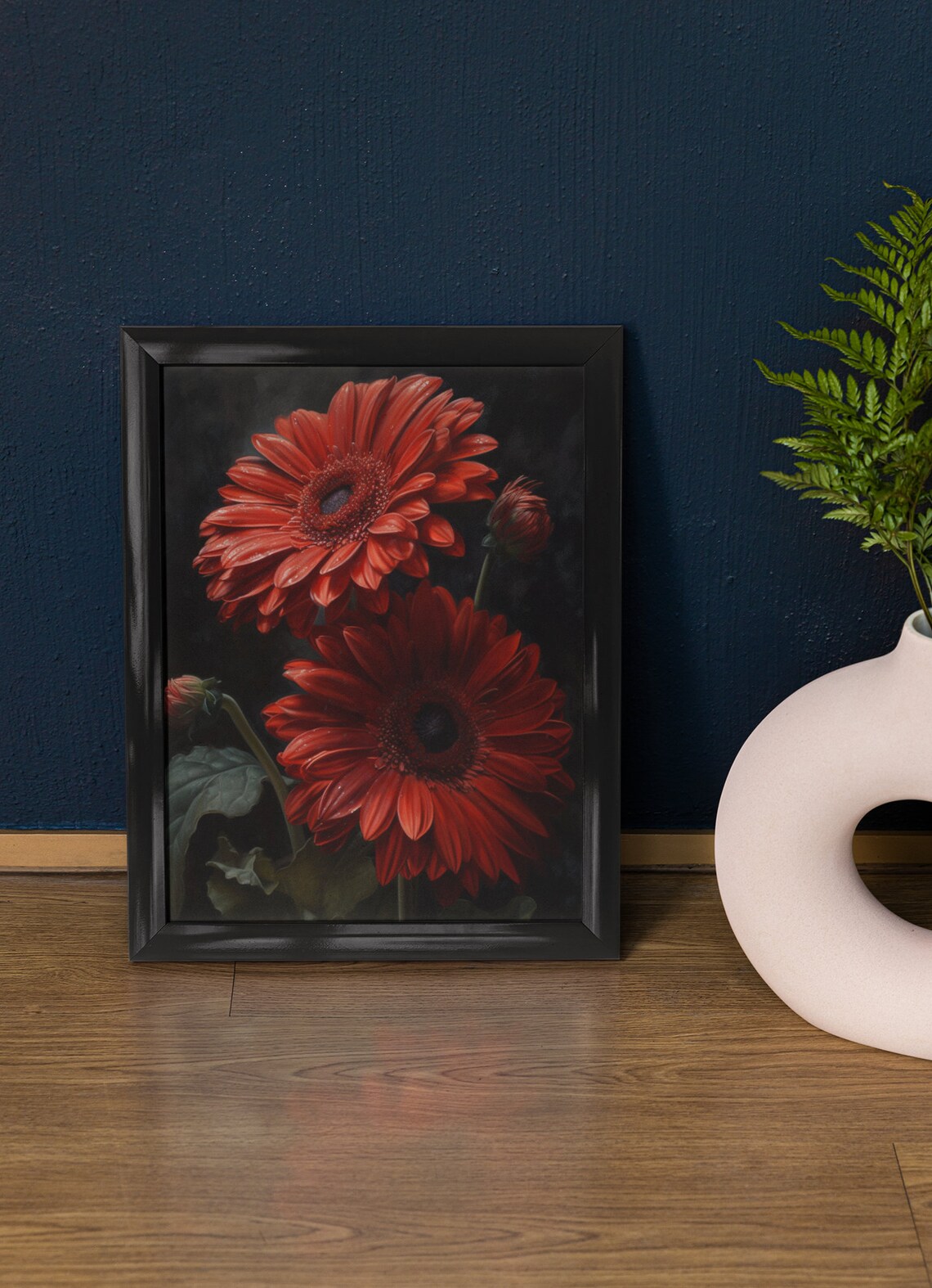Red Gerbera Daisies Dark Moody Floral Oil Painting Botanical Wall Art