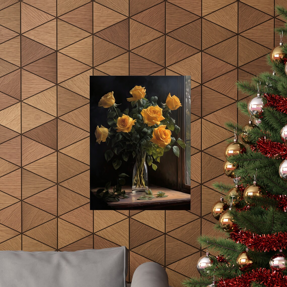 Yellow Rose Bouquet Glass Vase Moody Dark Still Life Floral Art Poster - Image 3