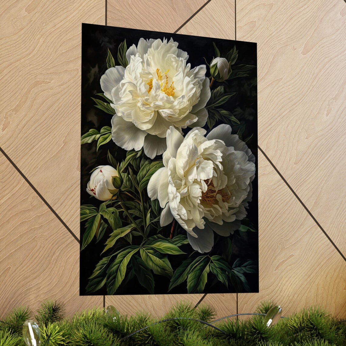 White Peony Flower Ivory Blooms Golden Center Botanical Art Poster - Image 2