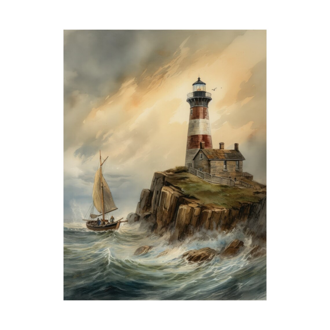 Striped Lighthouse Rocky Cliff Sunset Sailboat Watercolor Wall Art - Image 4