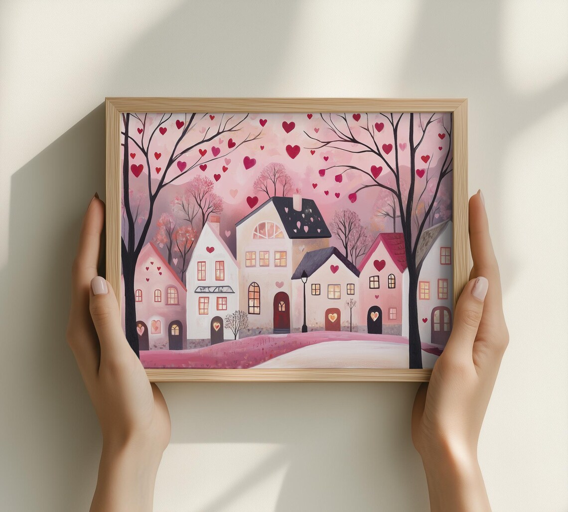 Pink Valentine Street With Cozy Houses And Floating Hearts Poster - Image 5
