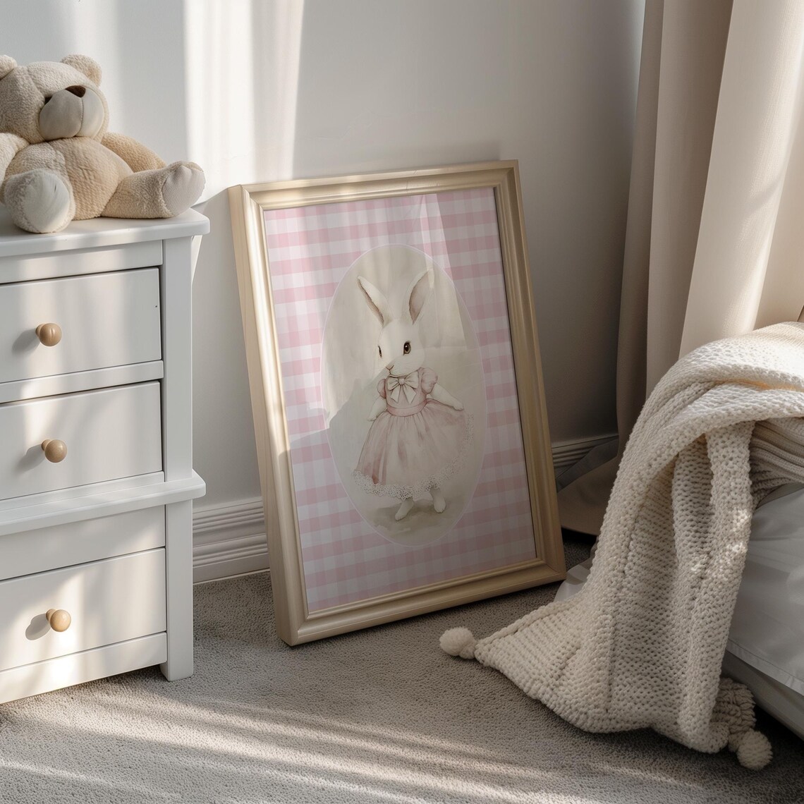 Sweet Pink Gingham Bunny in Tutu Dress Girls Nursery Decor Poster - Image 5