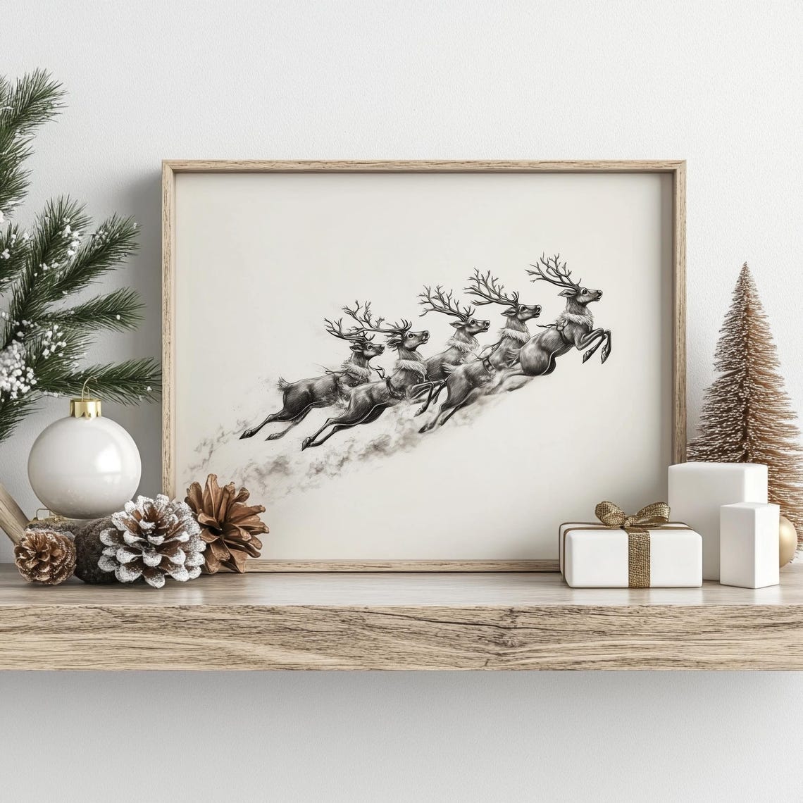 Five Flying Reindeer Charcoal Sketch Santa Team Winter Drawing Poster - Image 2
