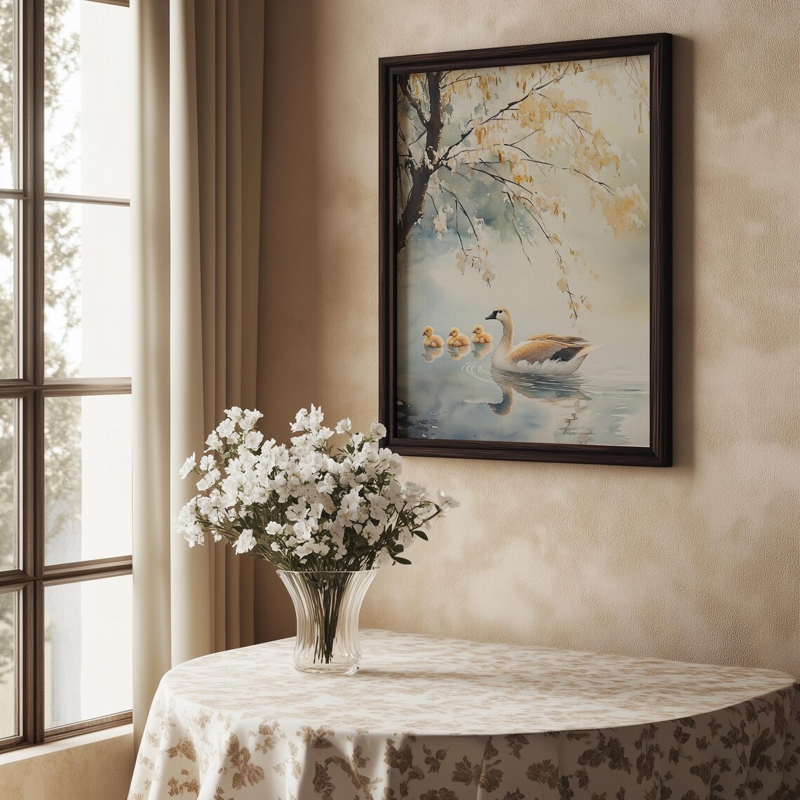 Swan With Baby Cygnets Watercolor Pond Willow Serene Nursery Poster - Image 3