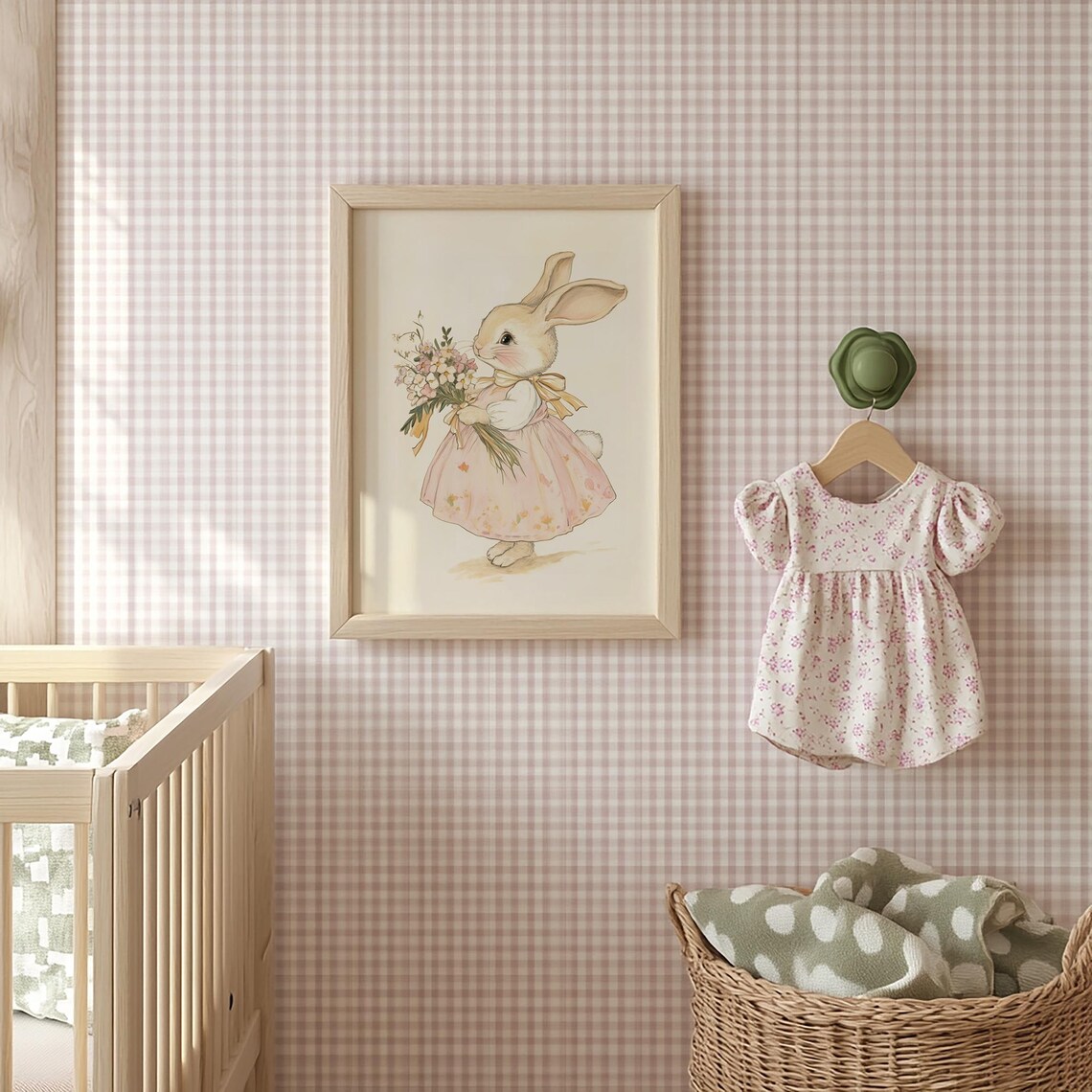 Bunny Girl in Pink Floral Dress Holding Bouquet Nursery Art Poster - Image 2
