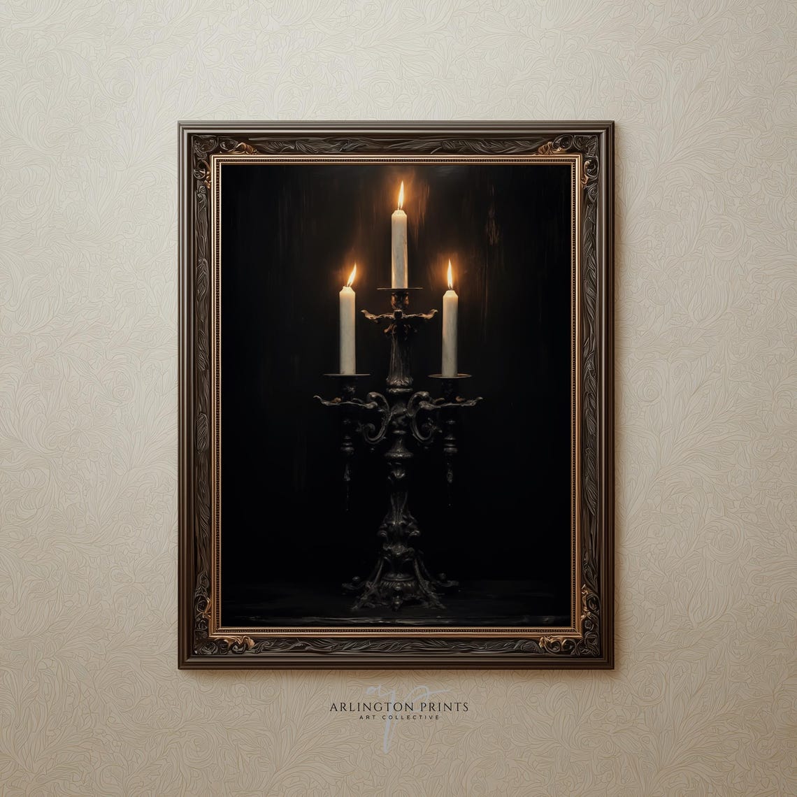 Three Lit Candles In Ornate Candelabra Dark Academia Art Poster