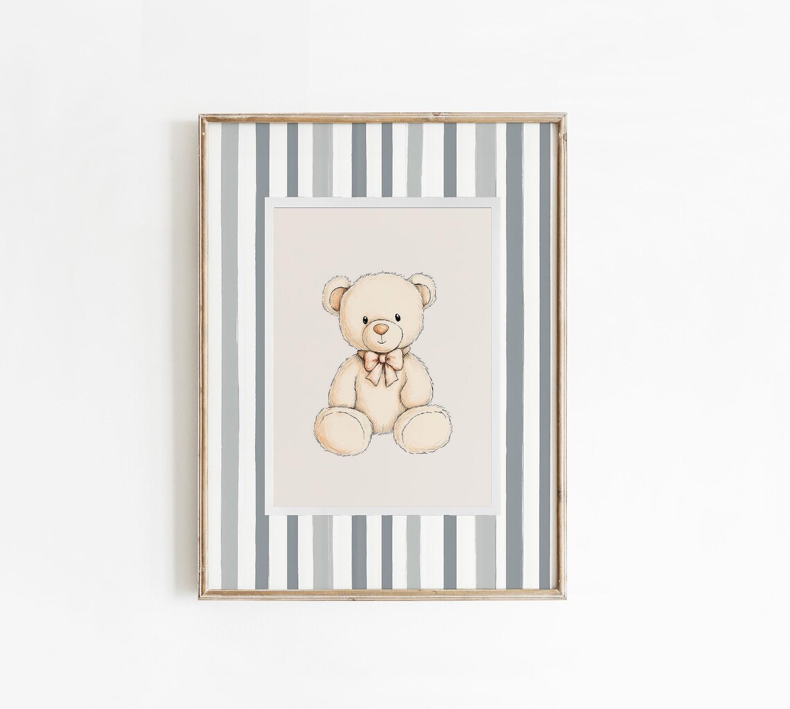 Vintage Teddy Bear Gray Striped Nursery Baby Room Decor Poster