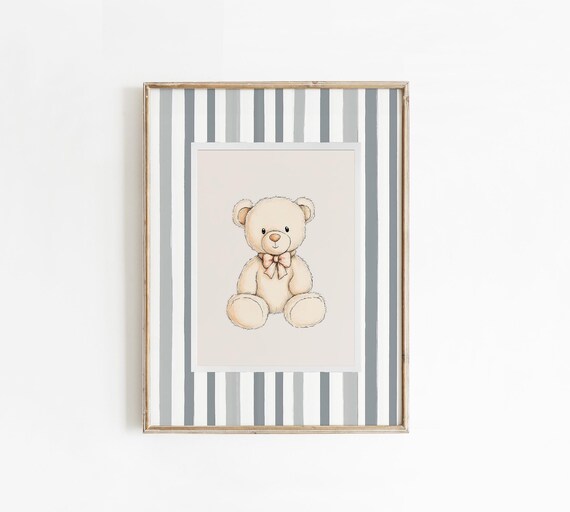 Vintage Teddy Bear Gray Striped Nursery Baby Room Decor Poster