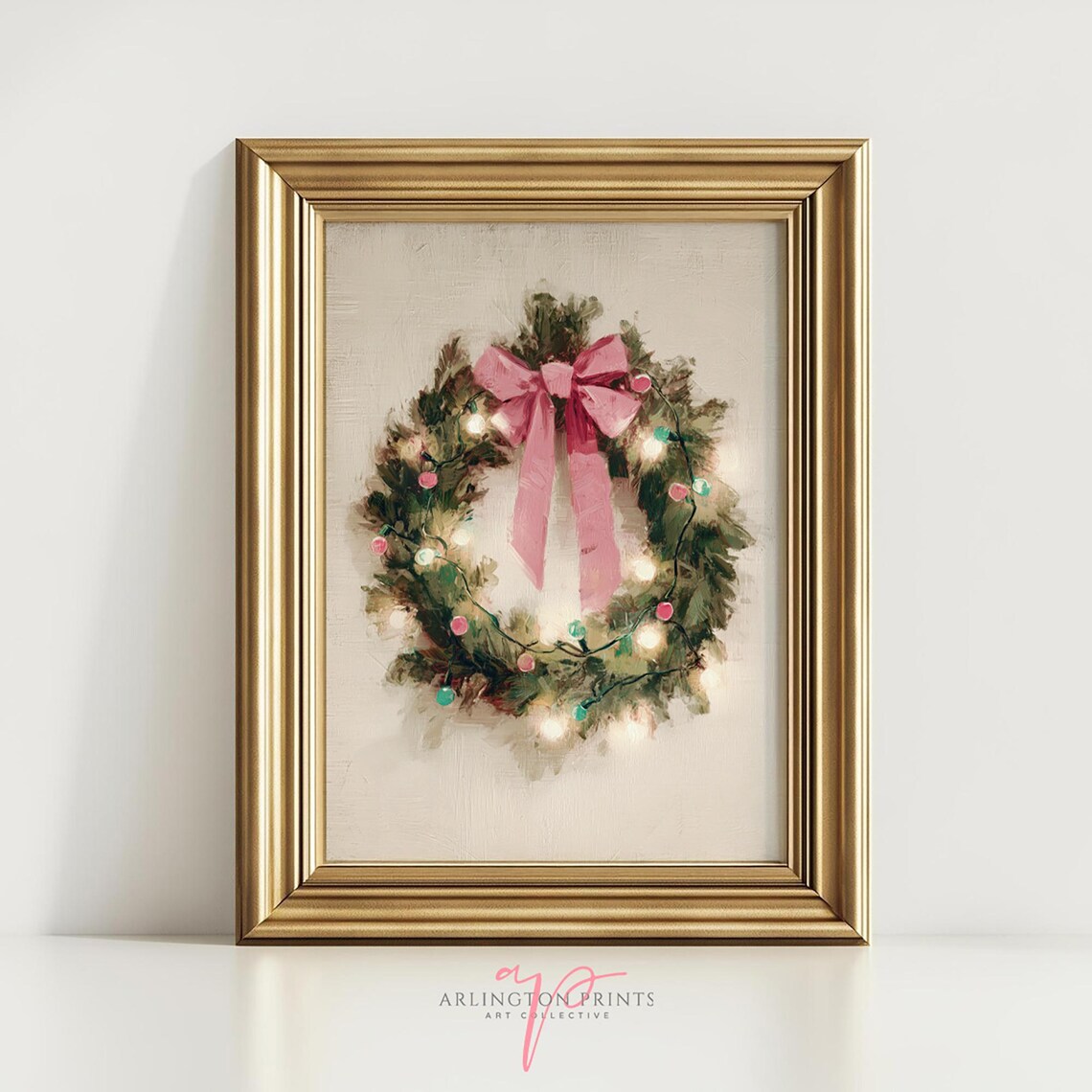 Cute Pink Bow Christmas Wreath With Lights Festive Holiday Print