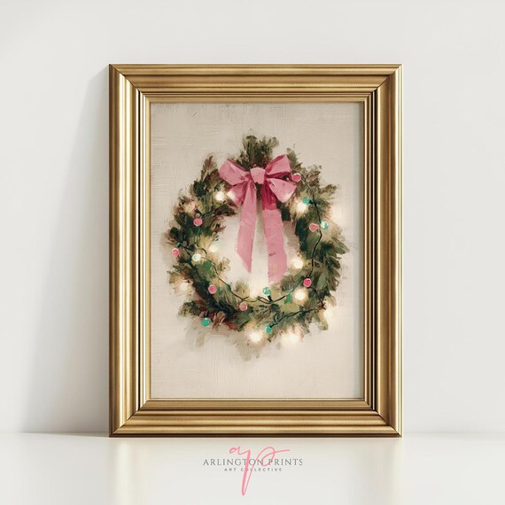 Cute Pink Bow Christmas Wreath With Lights Festive Holiday Print