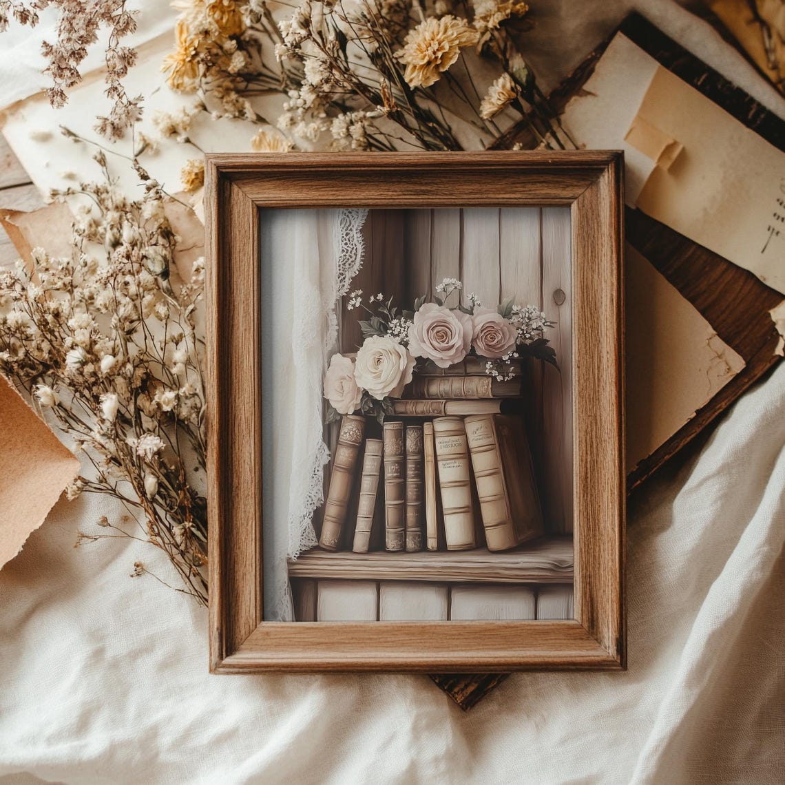 Antique Books on Wooden Shelf with White Roses Cottage Library Print - Image 2