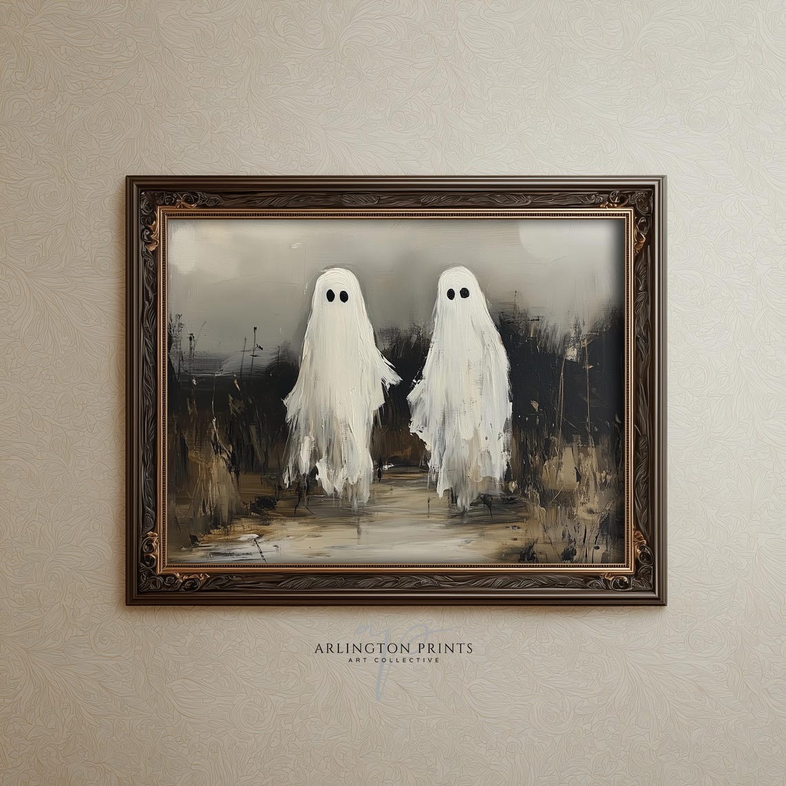 Two White Sheet Ghosts in a Misty Field Vintage Halloween Art Print