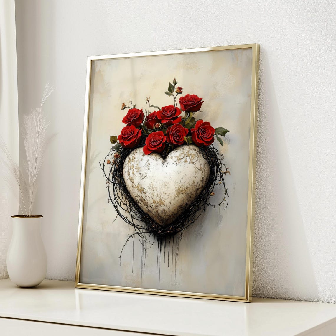 Stone Heart with Red Roses Romantic Valentine Floral Art Poster - Image 4
