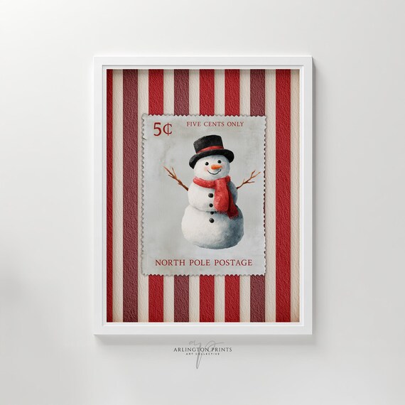 Vintage Snowman Postage Stamp North Pole Christmas Holiday Poster