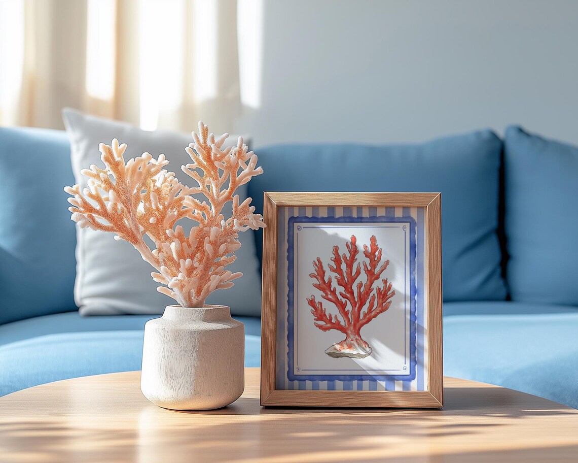 Vibrant Red Coral Blue Border Coastal Nautical Beach Decor Poster - Image 3