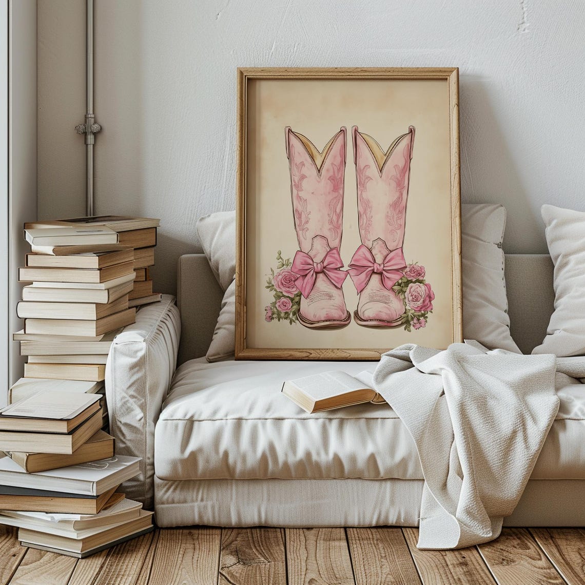 Pink Cowboy Boots Bows Roses Western Vintage Style Art Print - Image 2