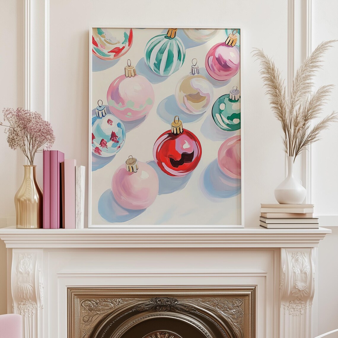 Colorful Christmas Ornaments Art Print, Preppy Winter Decor - Image 2