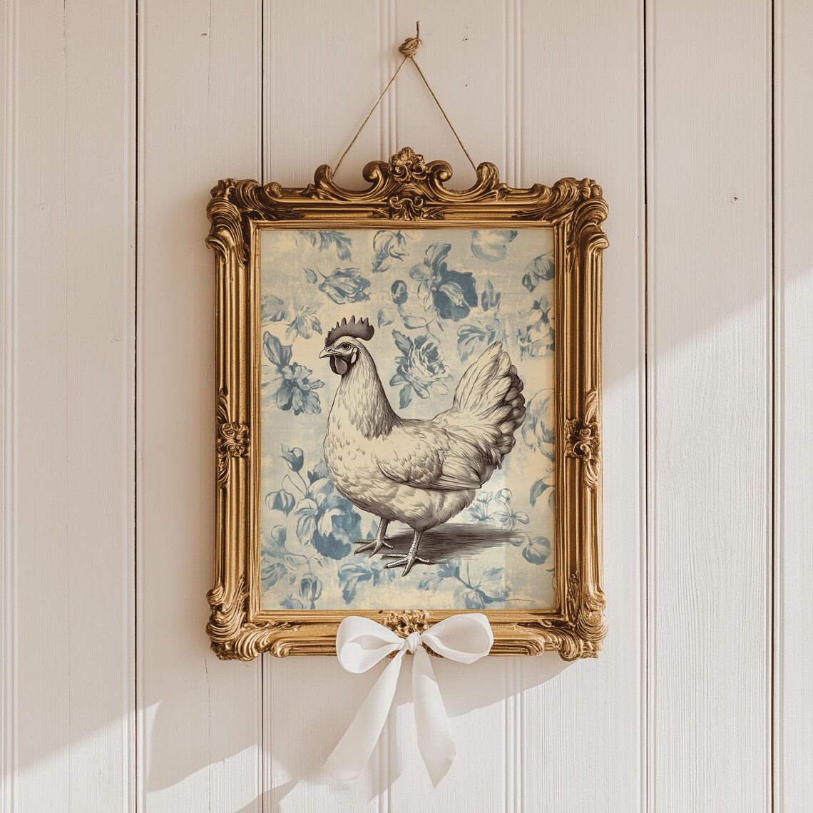 White Hen Blue Floral Toile Vintage French Country Animal Print - Image 4