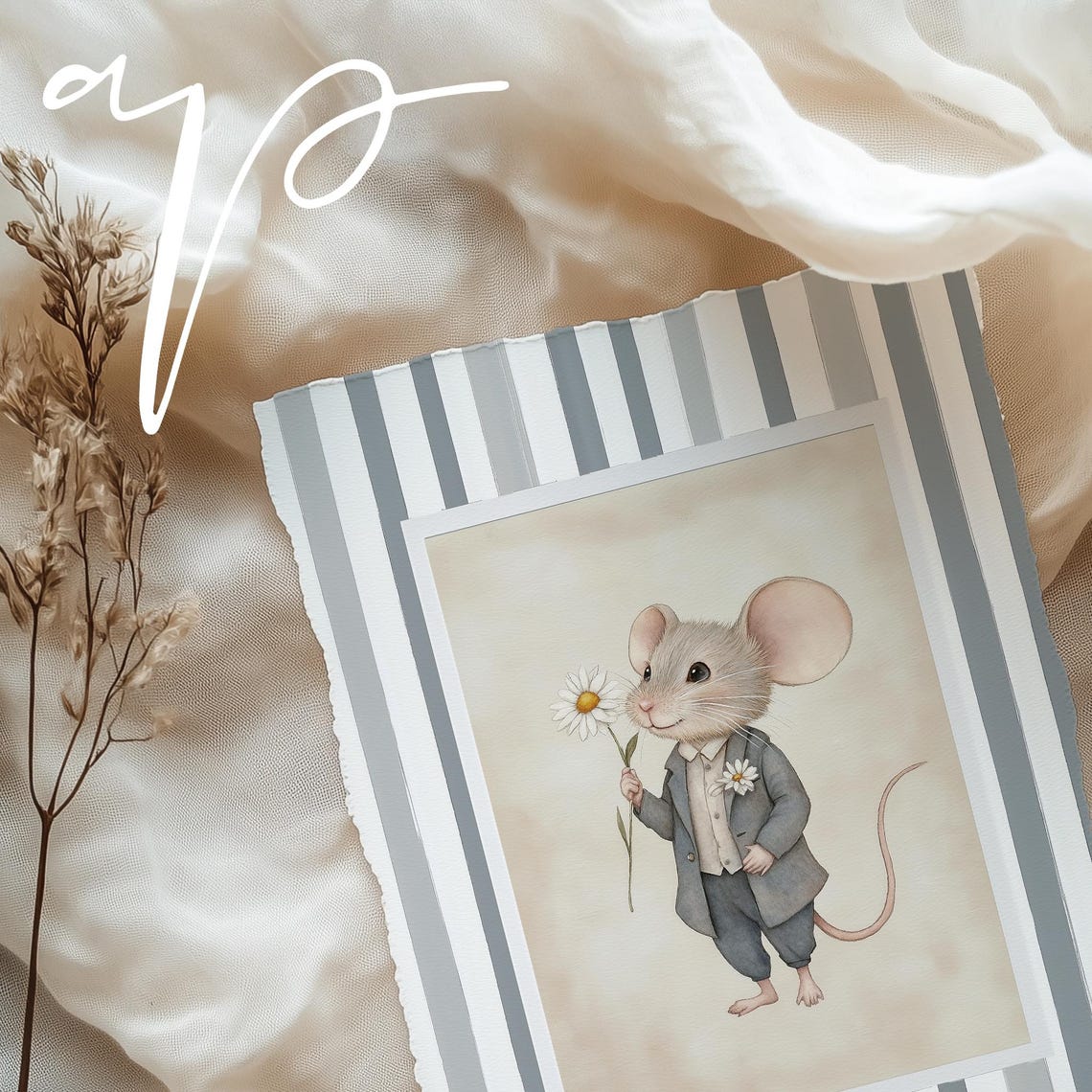 Dapper Gentleman Mouse In Gray Suit Holding Daisies Nursery Poster - Image 5