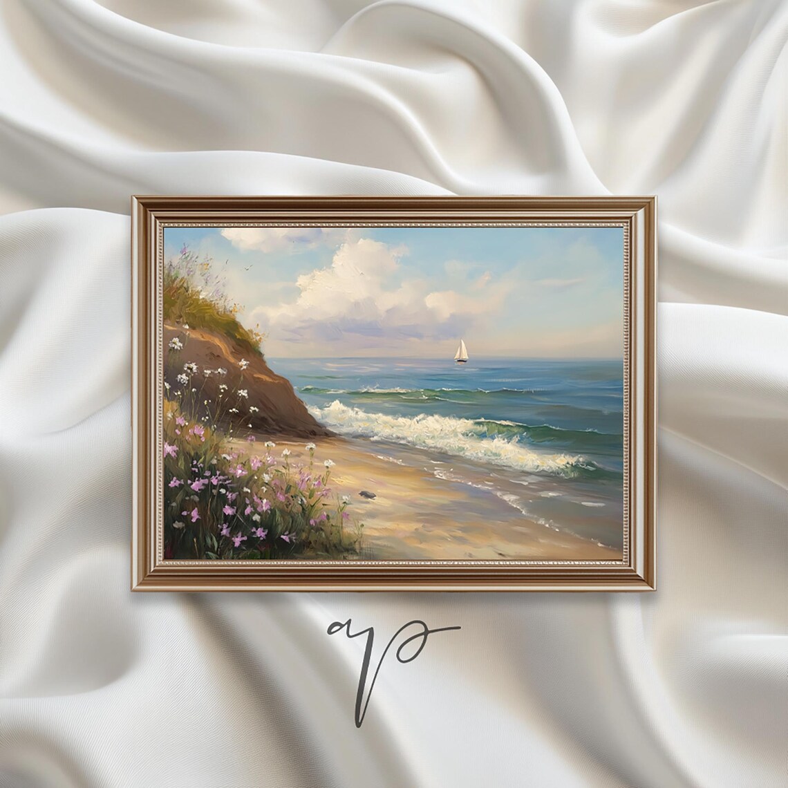 Seascape Sailboat Beach Cliff Wildflowers Serene Coastal Art Poster