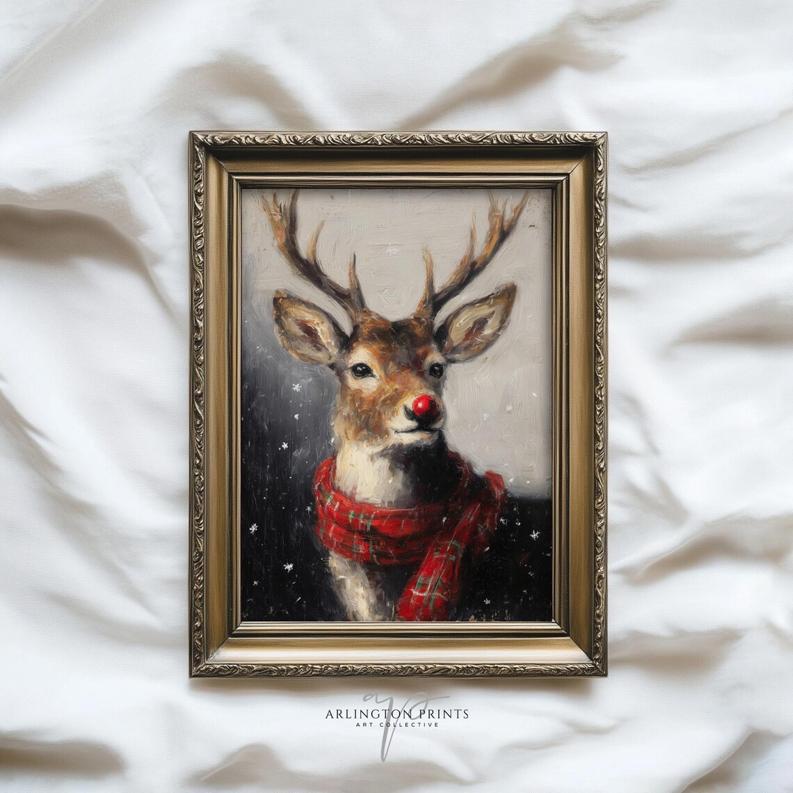 Red Nosed Reindeer Red Scarf Vintage Christmas Painting Poster
