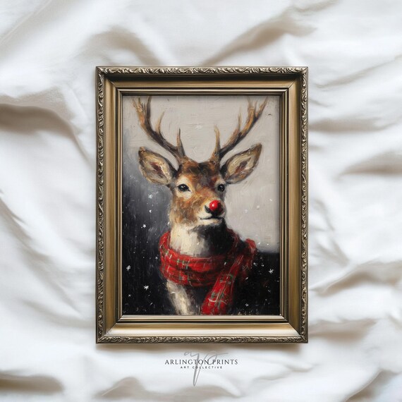 Red Nosed Reindeer Red Scarf Vintage Christmas Painting Poster