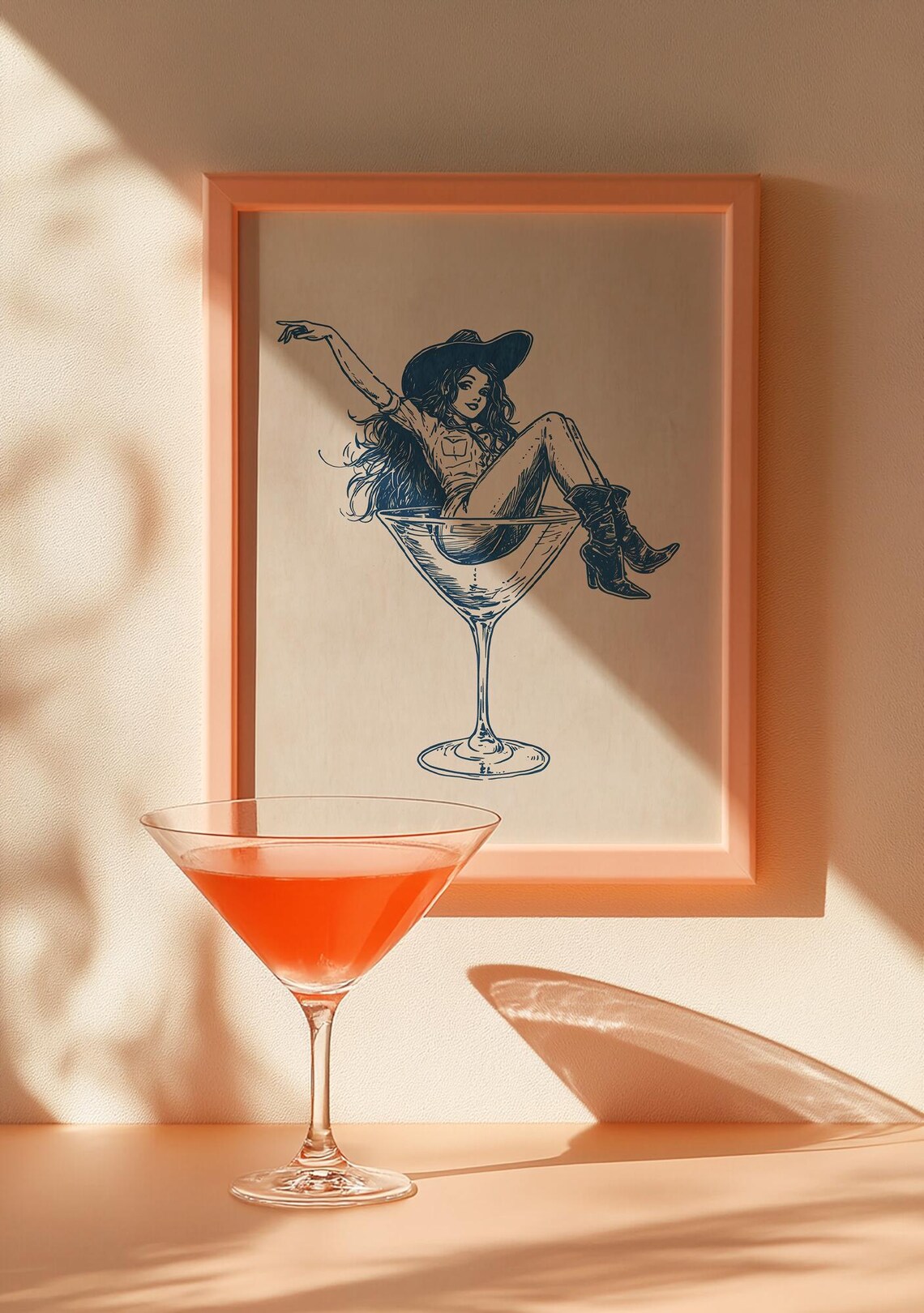 Cowgirl Sitting in Martini Glass Navy Line Art Cocktail Bar Poster - Image 3