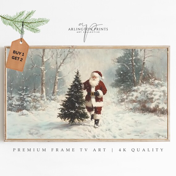 Santa Carrying Christmas Tree Snowy Forest Vintage Holiday Poster