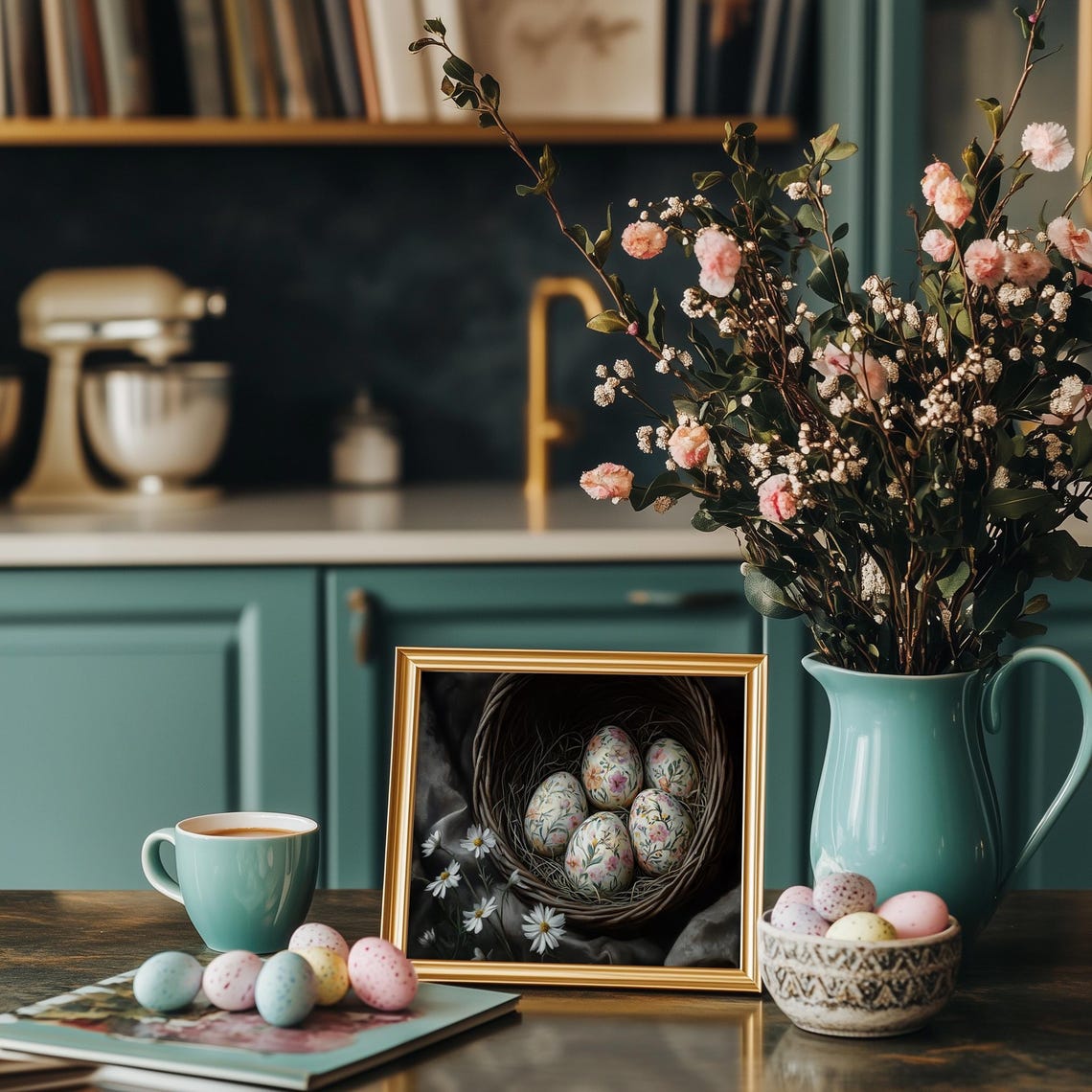 Floral Easter Eggs Wicker Nest Moody Dark Vintage Spring Art Print - Image 5