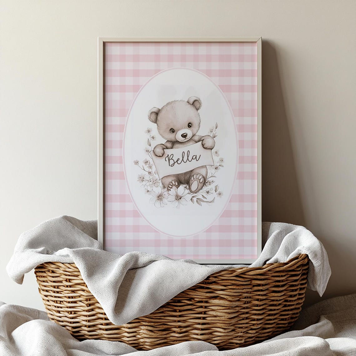 Personalized Teddy Bear Name Banner Pink Gingham Nursery Gift Poster - Image 3