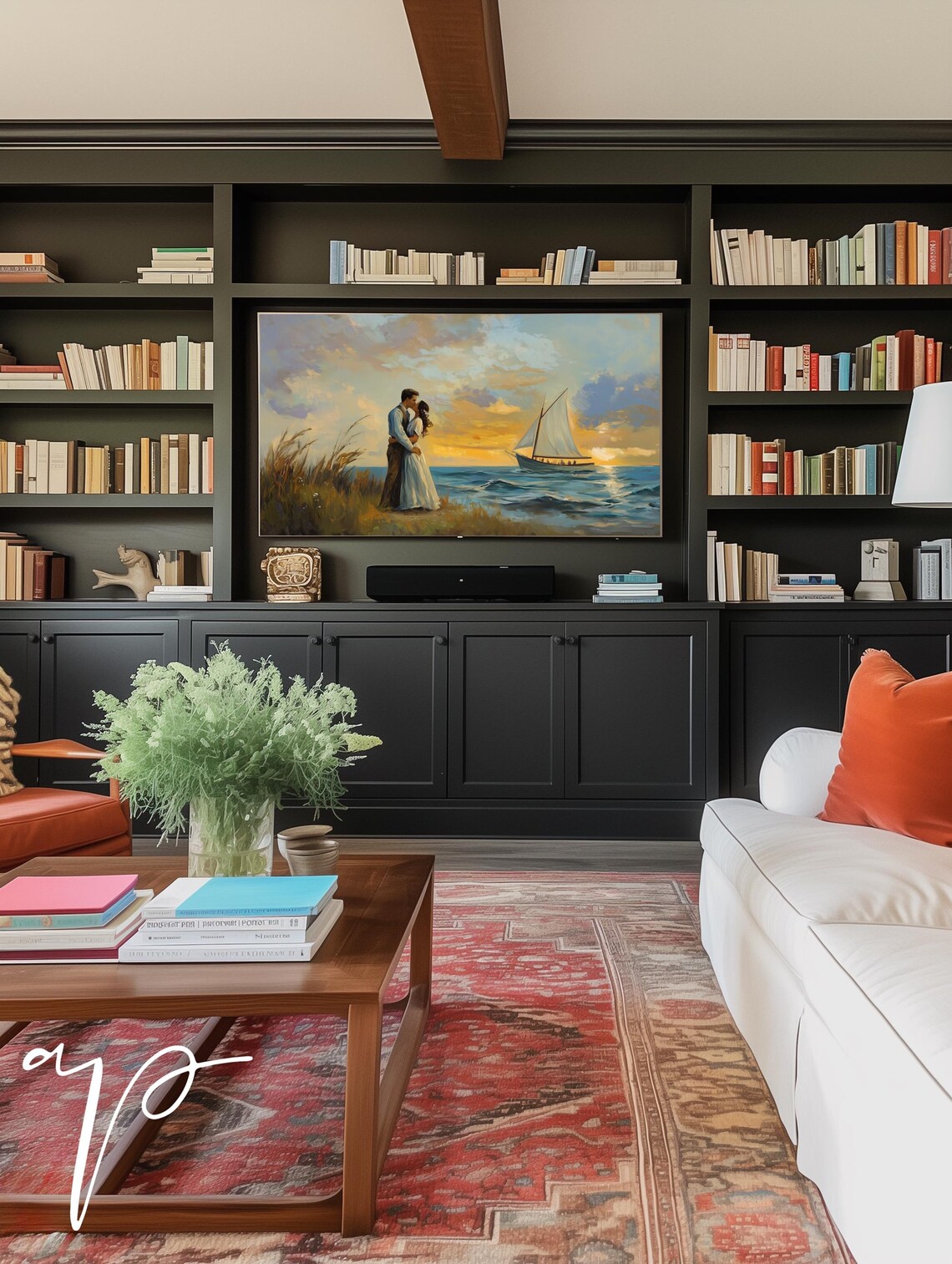 Romantic Sunset Beach Kiss with Sailboat Frame TV Digital Art Poster - Image 5