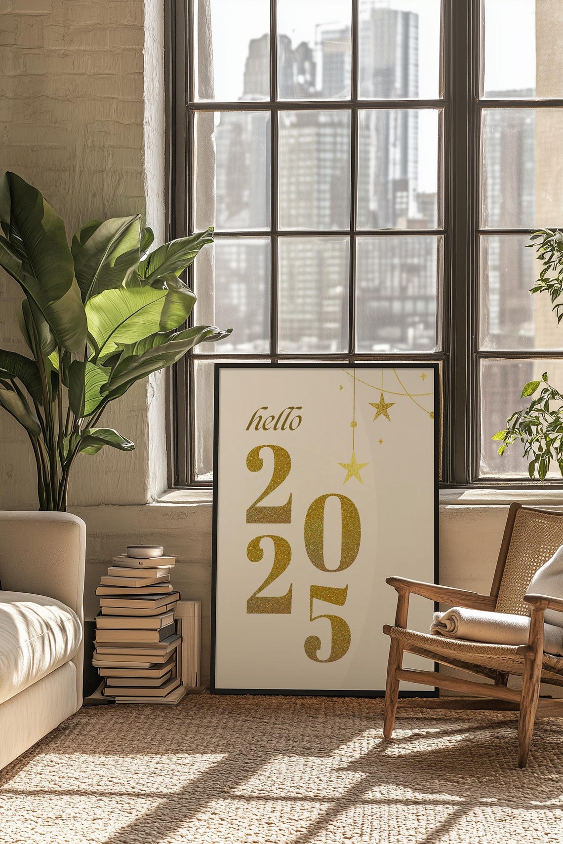 Hello 2025 Gold Glitter New Year Stars Celebration Typography Poster - Image 3