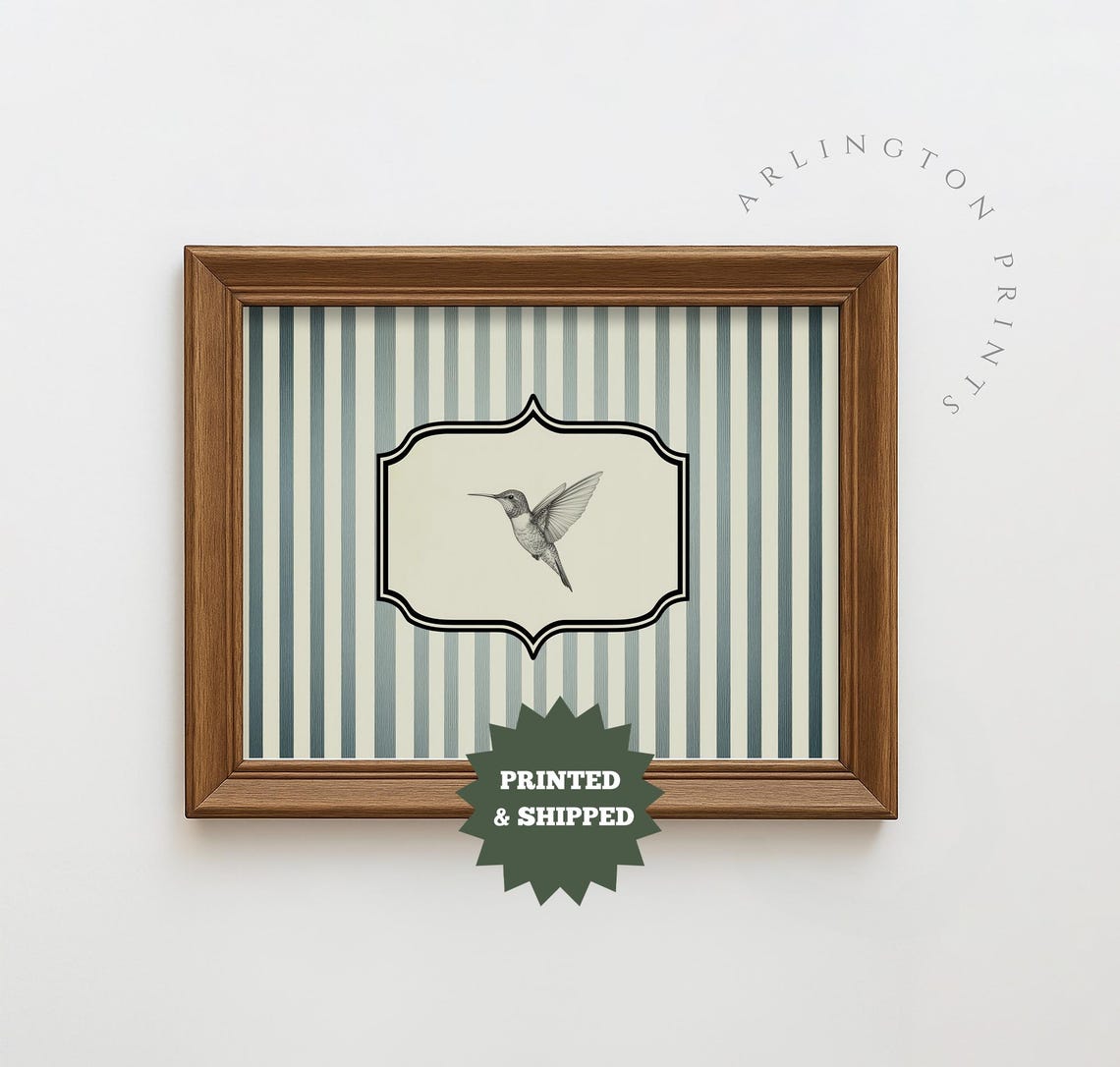 Vintage Hummingbird Sketch Blue Striped Wall Retro Bird Poster