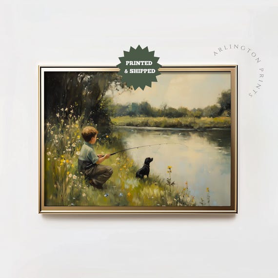 Rustic Fishing Boys Country Landscape, Peaceful Childhood