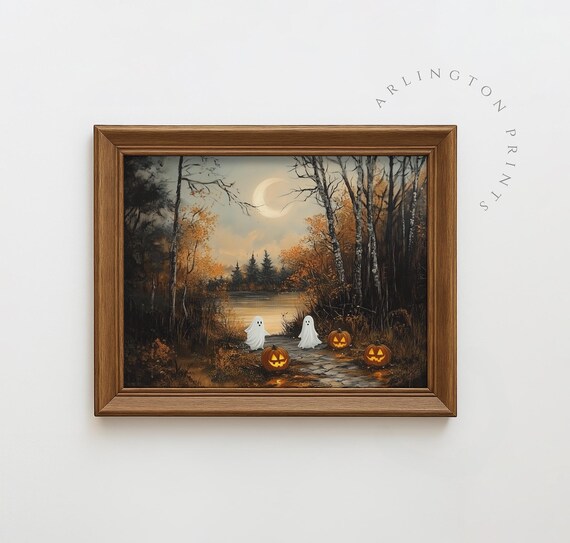 Vintage Halloween Ghosts At Lake Autumn Pumpkin Print Rustic Fall Decor Art Cd61