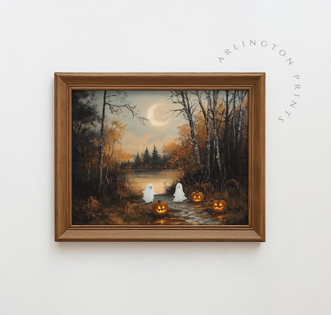 Halloween Ghosts And Glowing Pumpkins Moonlit Autumn Lake Poster