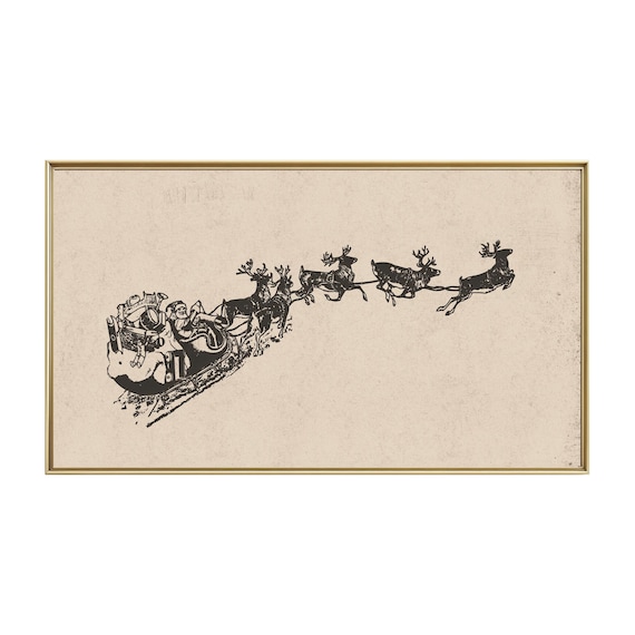Vintage Santa Claus Sleigh Reindeer Sketch Antique Christmas Print