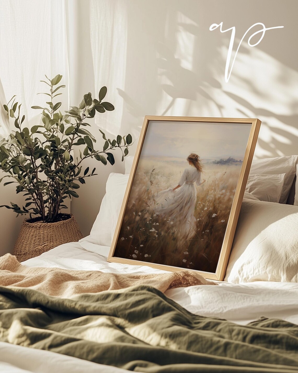 Woman in White Dress Golden Wheat Field Romantic Vintage Print - Image 3