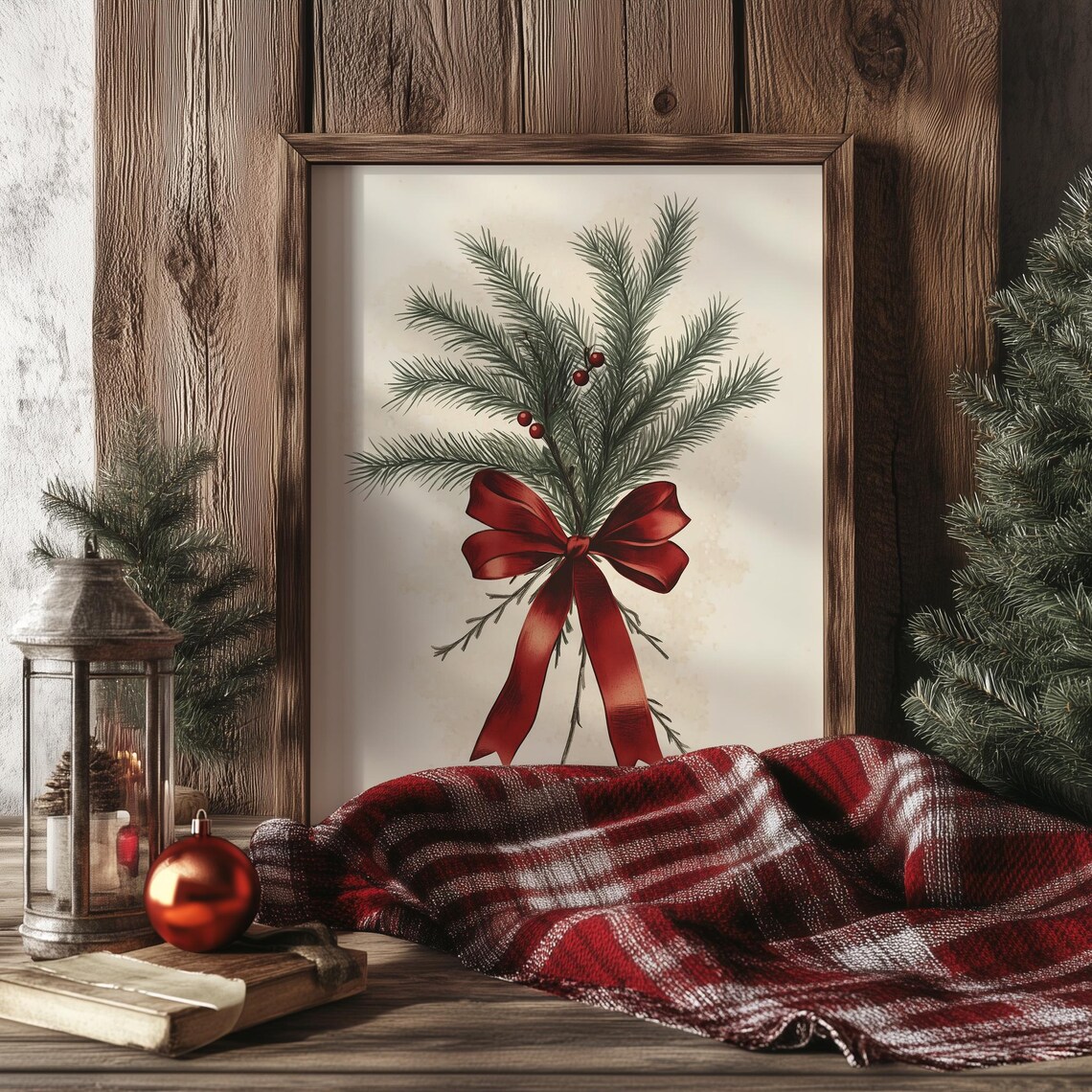 Evergreen Fir Branch Bundle Red Berries Big Red Bow Holiday Poster - Image 4