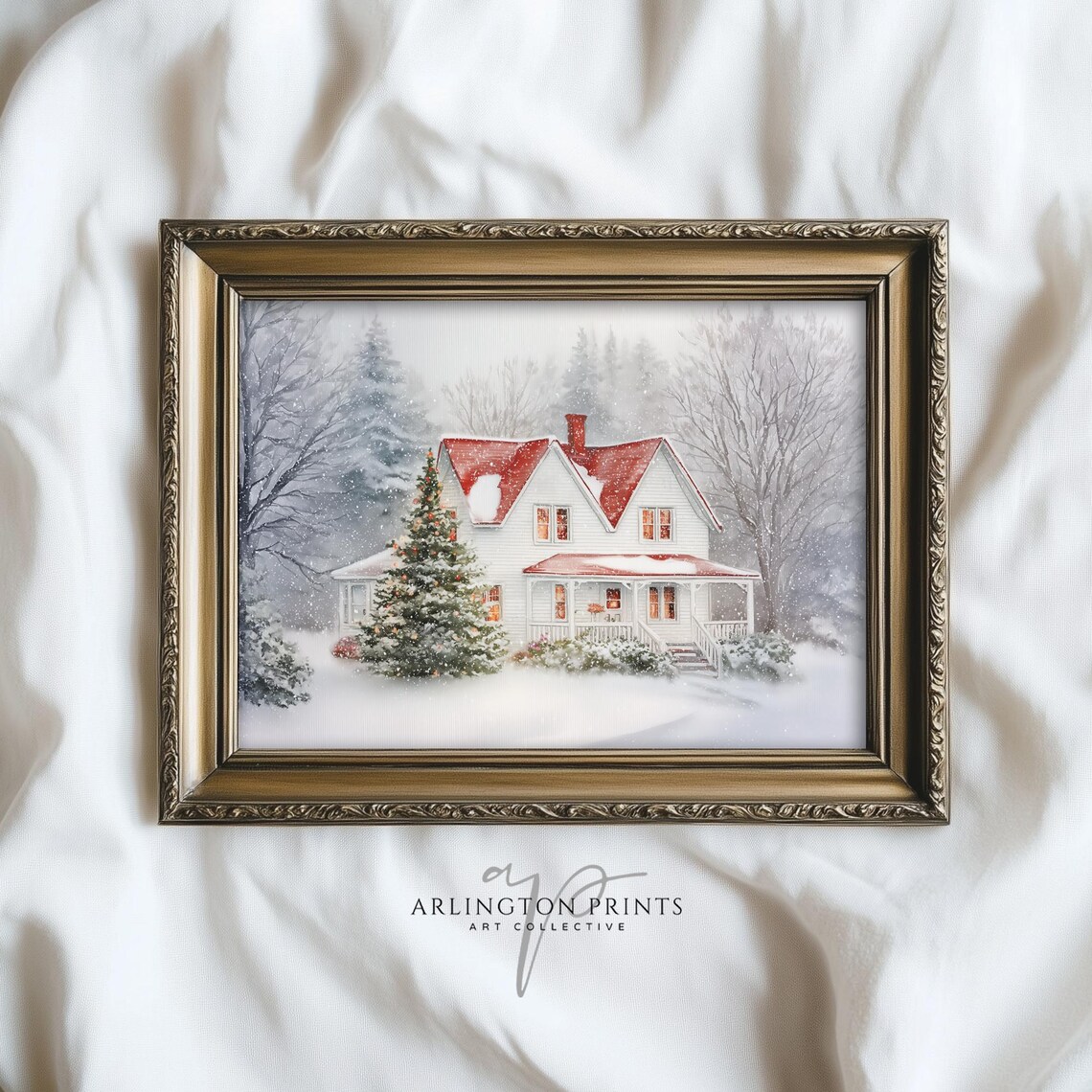 Snowy White Farmhouse Red Roof Christmas Tree Winter Village Poster