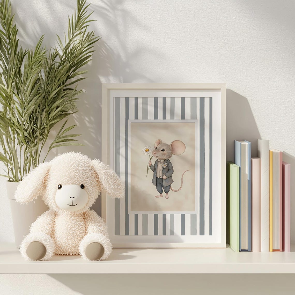 Dapper Gentleman Mouse In Gray Suit Holding Daisies Nursery Poster - Image 6