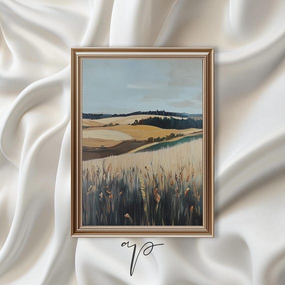 Moody Neutral Landscape Print Vintage Nature Wall Art Rustic Wheat Field Oil Scenic Painting Countryside Decor Ca19